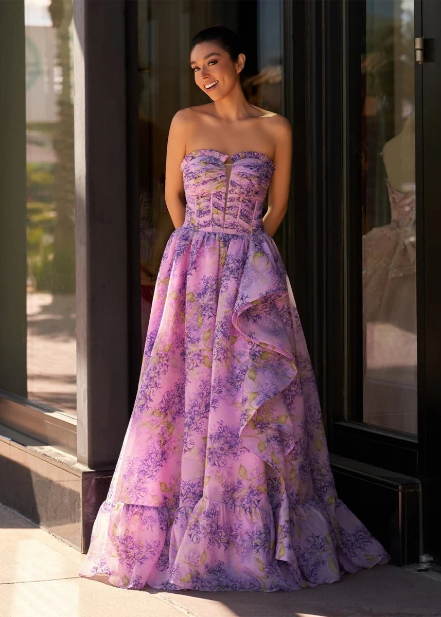 Lilac A-Line Corset Detachable Sweetheart Floral Long Party Dress
